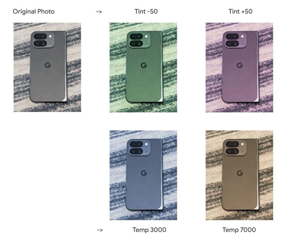 Adjusting the color temperature and tint of photos using new APIs in Android 16.