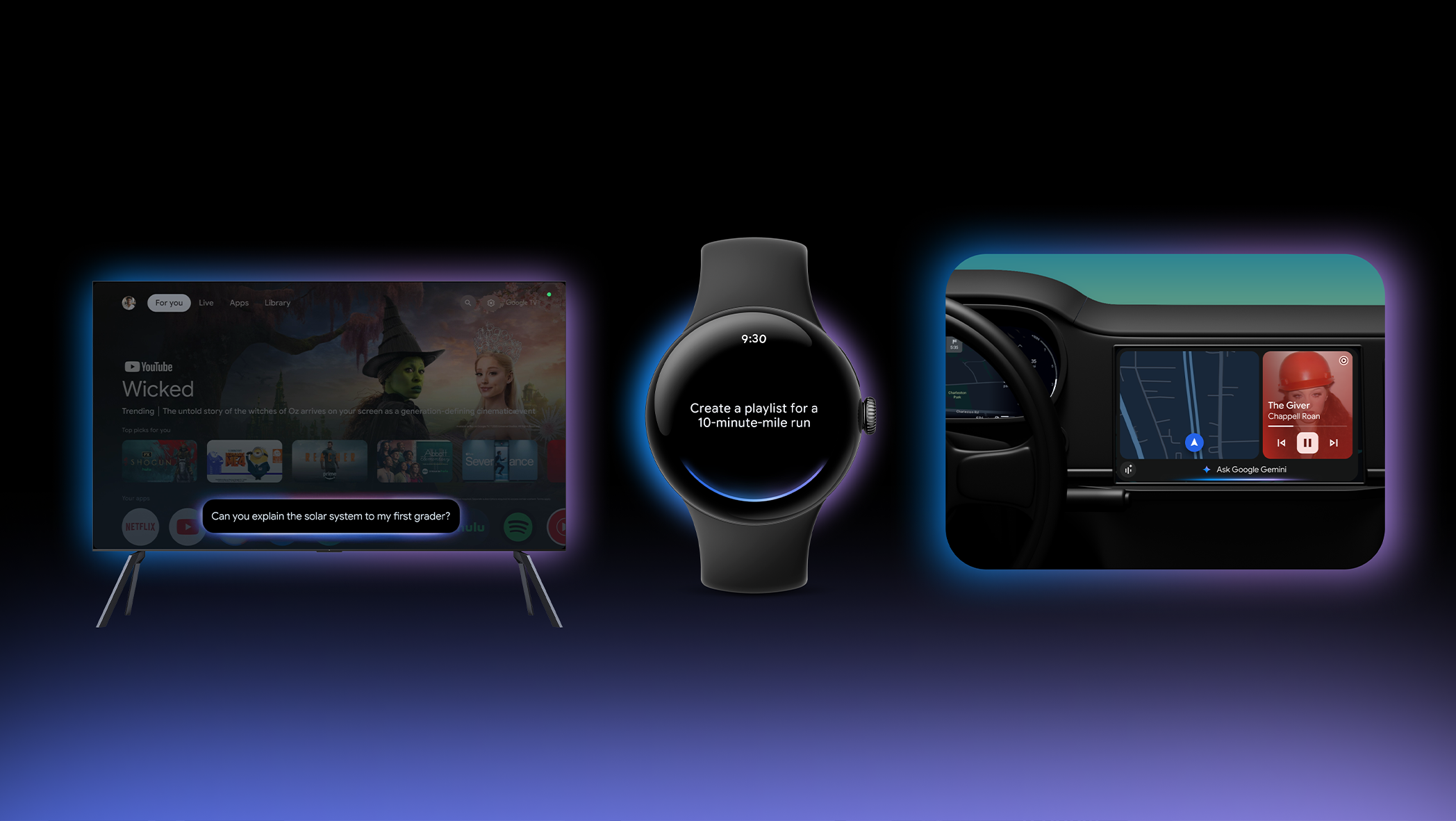 A photo with Gemini on the TV, watch, and in the car