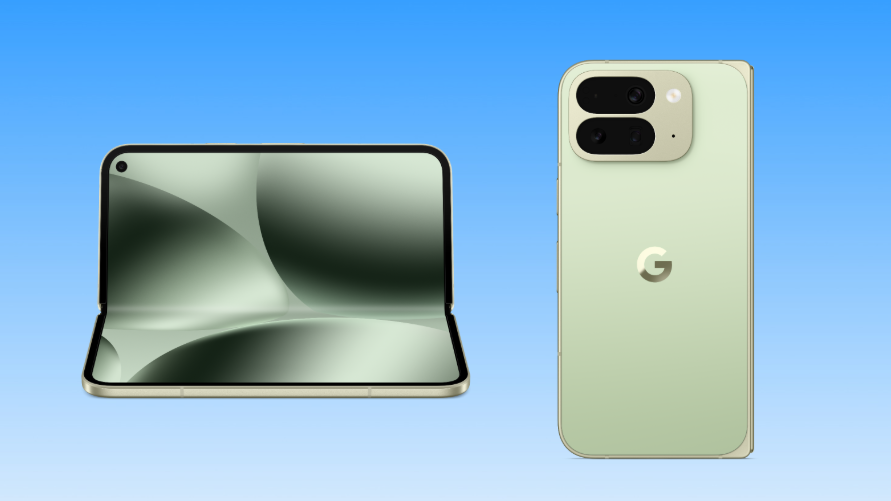 A photo of the lemongrass Pixel 10 Pro Fold on a gradient backdrop 