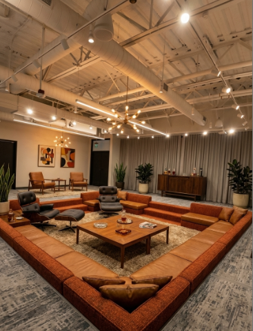 a photo of a mad men style pit generated by AI in the middle of an office space