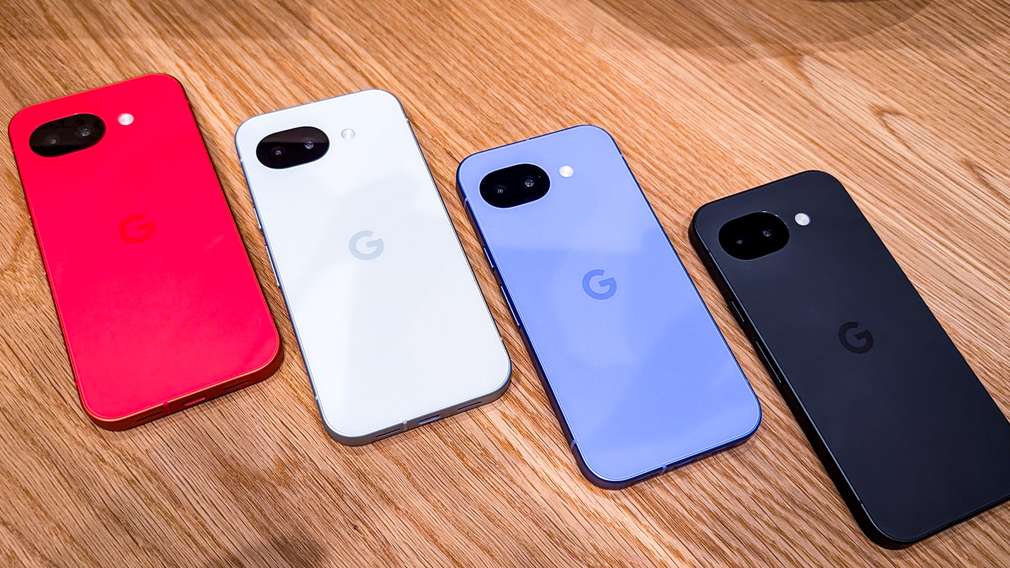 A photo of the Pixel 10a, face down, in its four colors