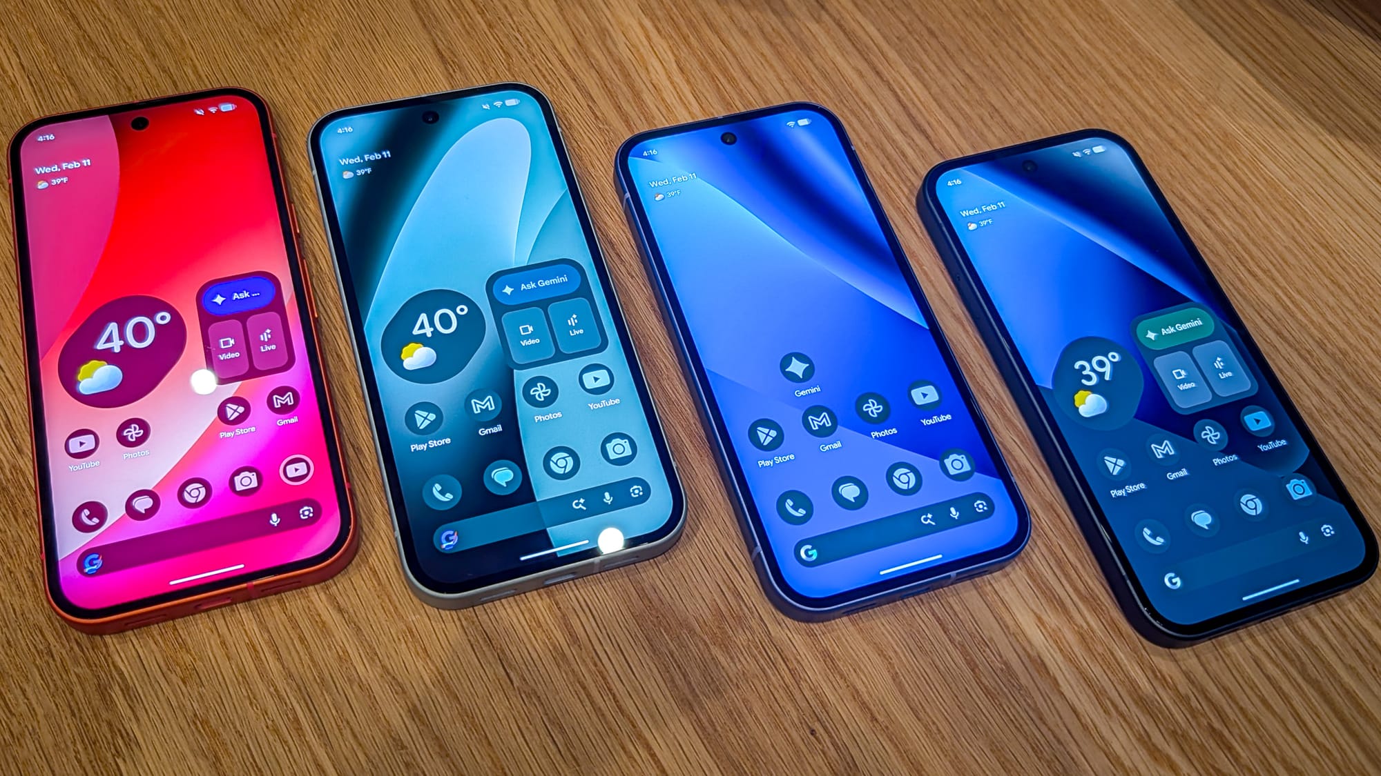 A photo of the Pixel 10a, face up, with matching wallpapers.