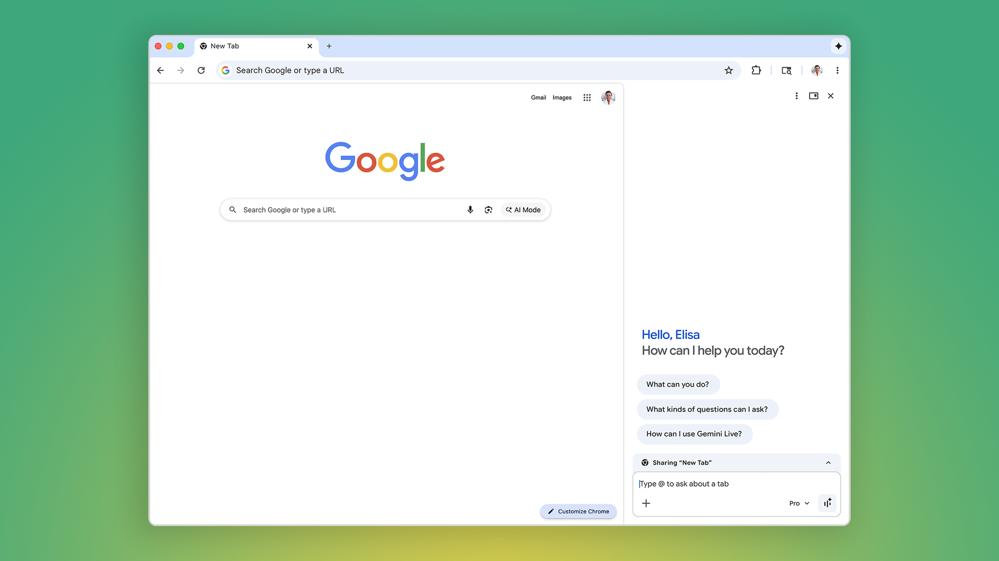 A screenshot of the new Gemini side panel on the Chrome browser