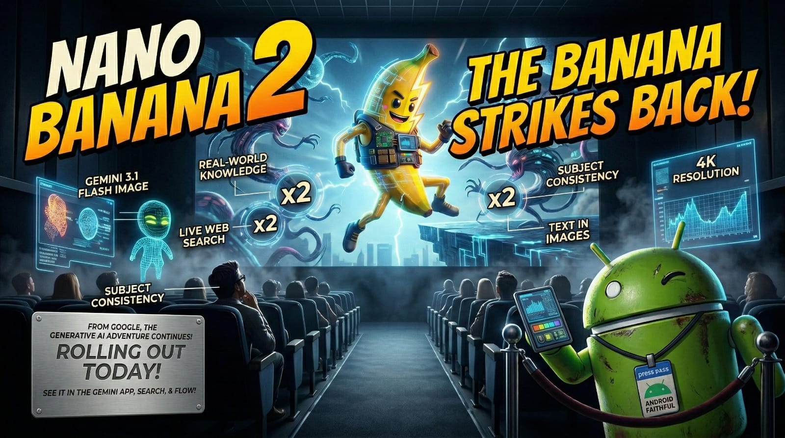 a photo that looks like a movie poster for "Nano Banana 2 The banana strikes back!" 