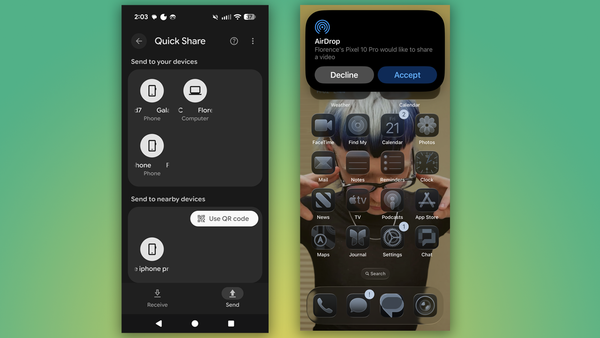 a photo showing the Quick Share interface when AirDrop is available and the iOS interface when Airdrop is successful 